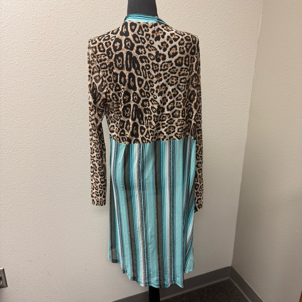 Crazy Train Leopard Serape Cardigan L Teal Western Boho Duster Open Front - Picture 4 of 7